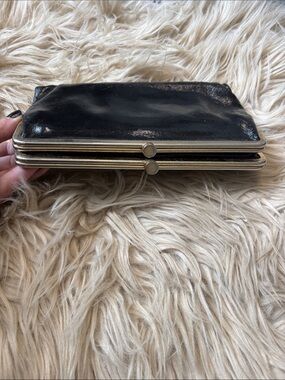 HOBO Black Patent Leather Double-Clasp Wallet with Gold Frame